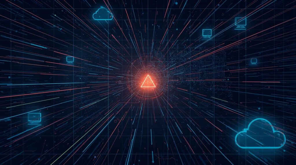 An abstract digital scene showing lines of light converging on a central red triangle, implying a cybersecurity threat amidst a network of devices.
