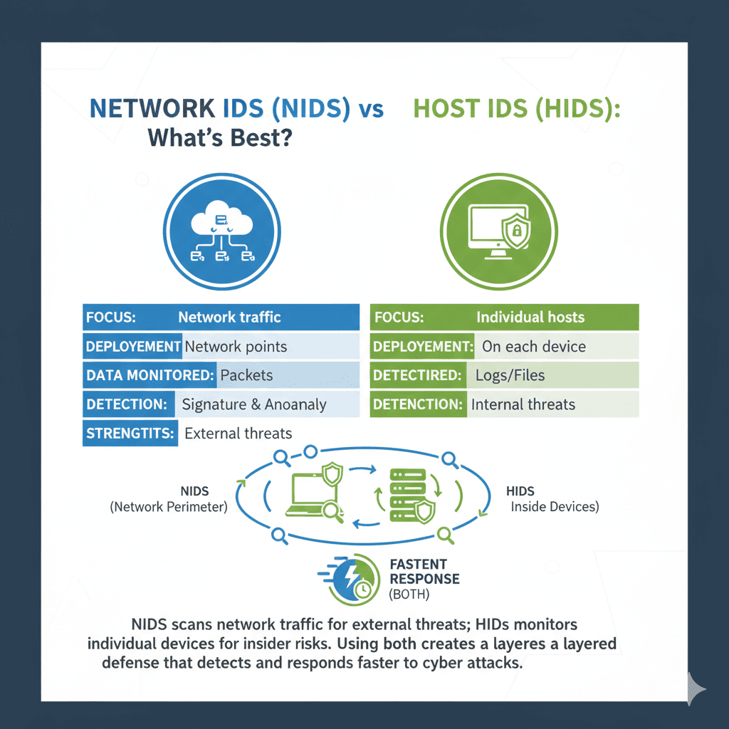 Infographic detailing the features of NIDS versus HIDS, highlighting their focus on network traffic and individual hosts, respectively.