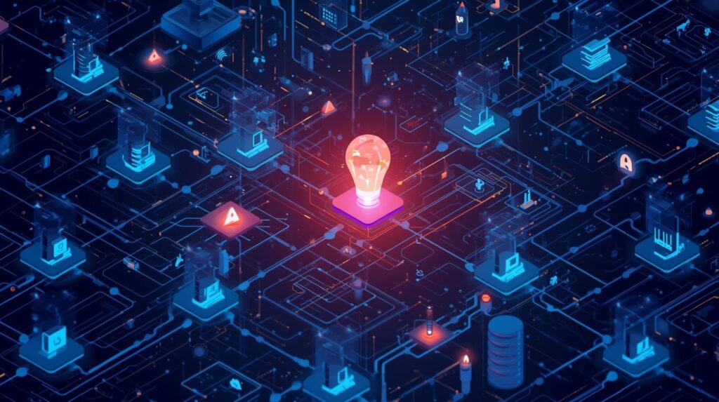 A visually striking depiction of a light bulb at the center of a network, surrounded by glowing icons representing various digital entities and potential threats.
