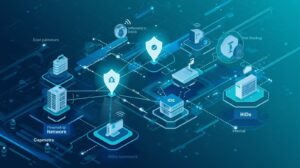 Visual representation of a cybersecurity network featuring shields, sensors, and devices, highlighting their interconnections.
