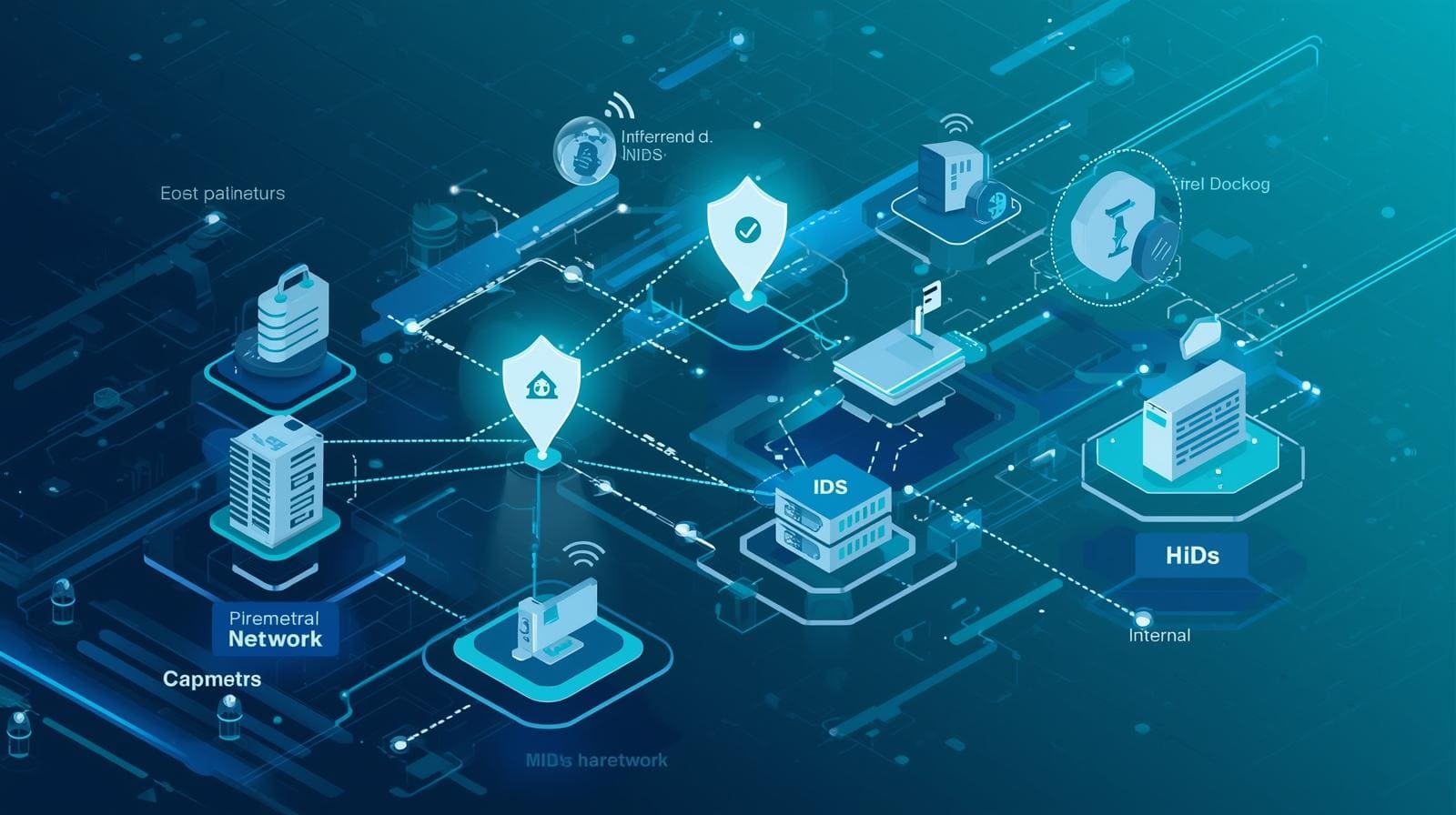 Visual representation of a cybersecurity network featuring shields, sensors, and devices, highlighting their interconnections.