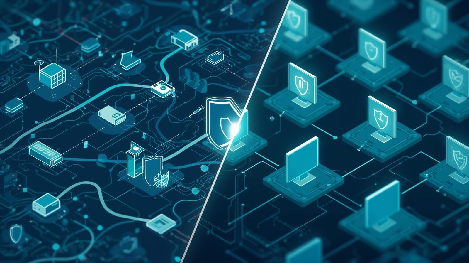 A digital landscape illustrating a network with protective shields over devices, emphasizing the security of both network and host systems.