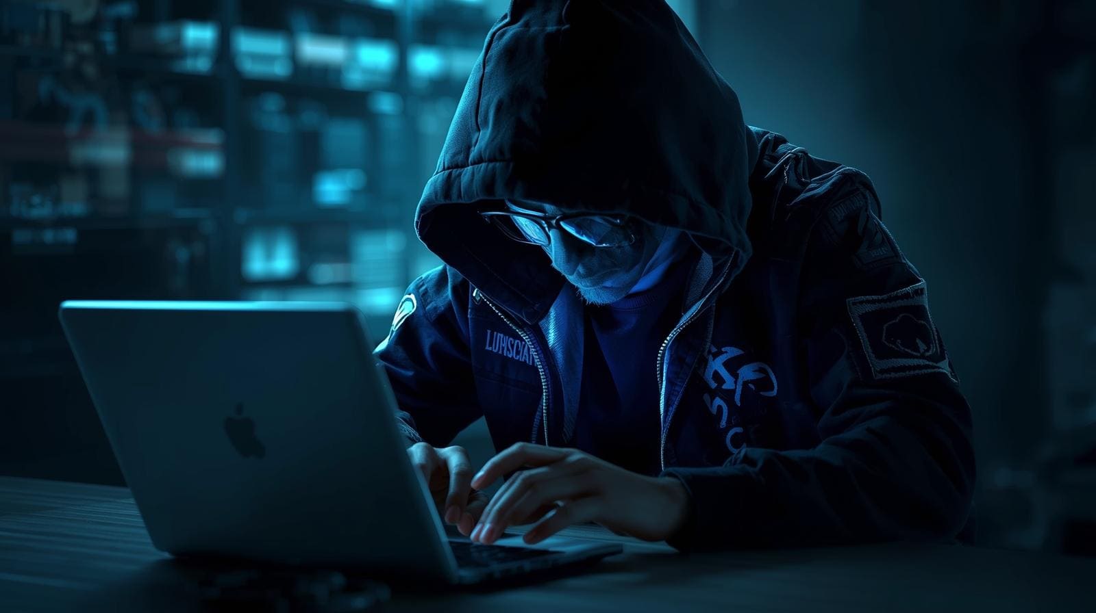 "Silhouette of an individual wearing a hoodie, absorbed in their laptop, with a mysterious atmosphere created by low lighting."