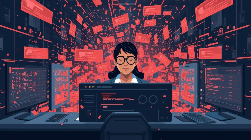 A focused data analyst surrounded by floating alerts and data streams, illustrating the significance of IDS alert tuning best practices.