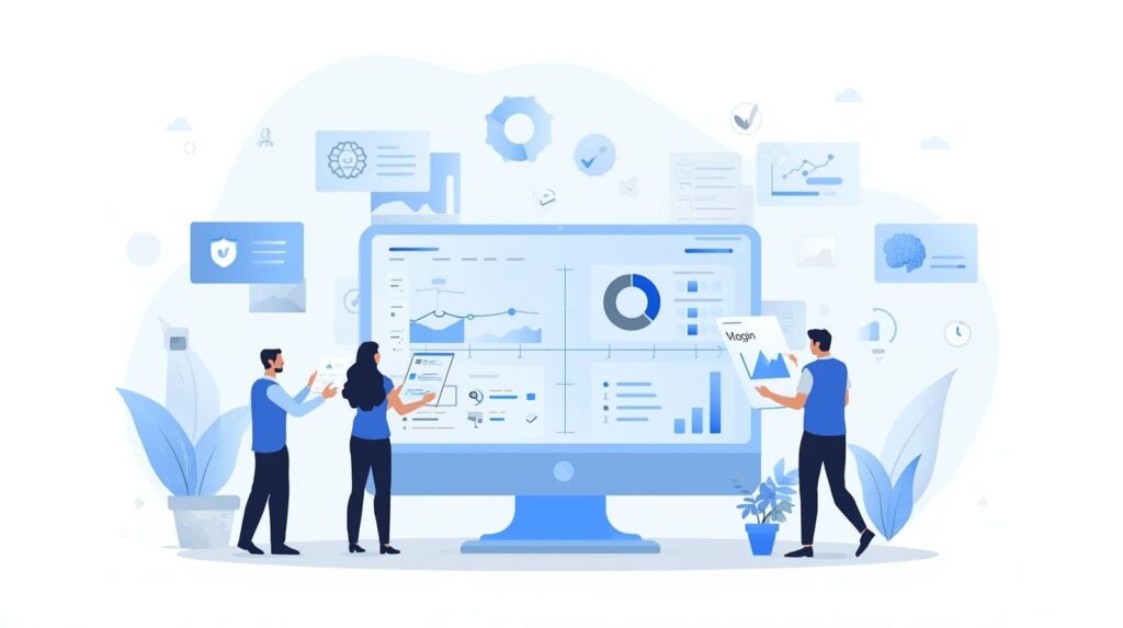 "A digital dashboard displaying various data metrics and analytics, with three professionals interacting with the screen."