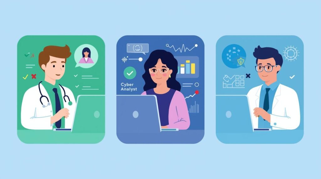 Visual representation of three characters in different fields, symbolizing collaboration in data-driven environments.