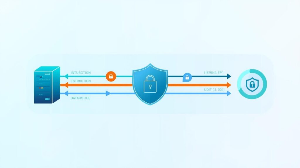 "A diagram illustrating data flow with a security shield, depicting instruction, restriction, and data traffic."