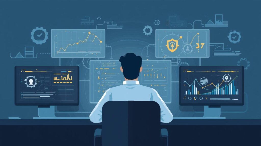 "An illustration of a male professional in front of several monitors, analyzing data trends and security alerts."