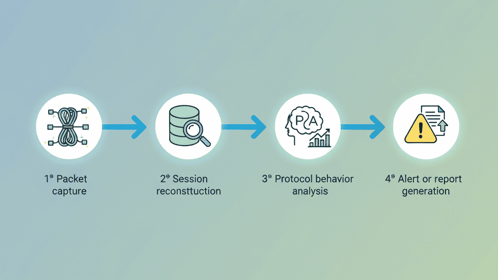 

    "Step-by-step process of packet capture and analysis, illustrating stages from data capture to alert generation."