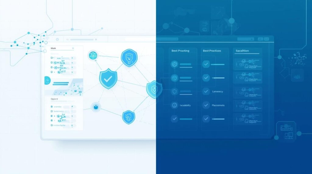 Graphic showing a dashboard interface with security features on one side and best practice recommendations on the other.