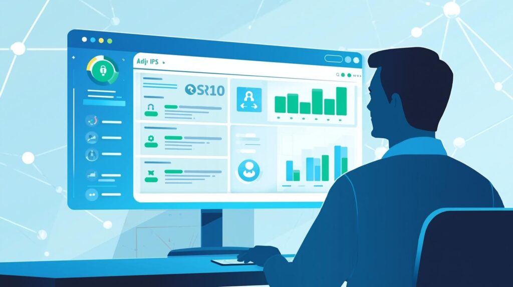Illustration of a person interacting with a data analytics interface for an Intrusion Prevention System.