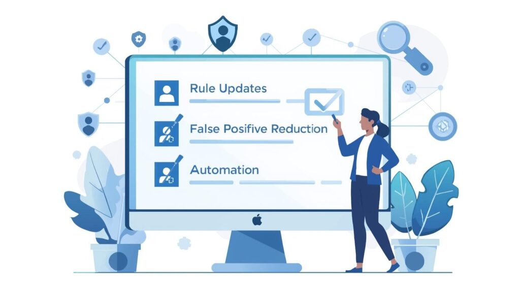 Illustration of a person reviewing strategies for IDS alert tuning on a large monitor, focusing on false positive reduction and rule updates.
