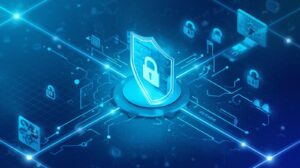 Visual representation of a protective shield amidst a background of interconnected security icons.