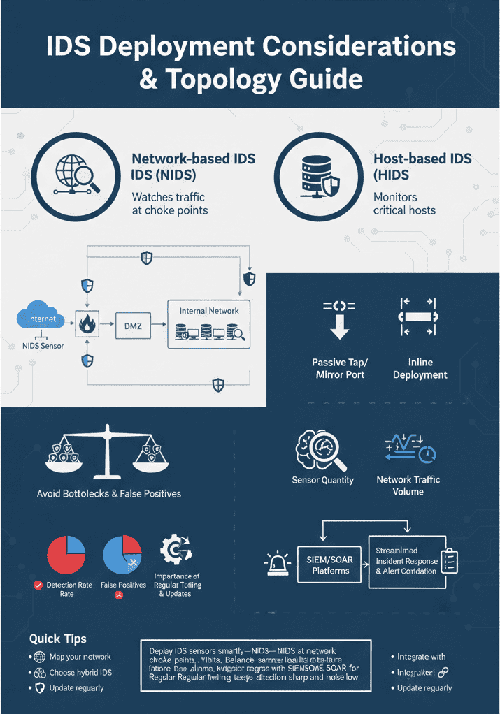 Infographic outlining considerations for IDS deployment, including network-based and host-based configurations.