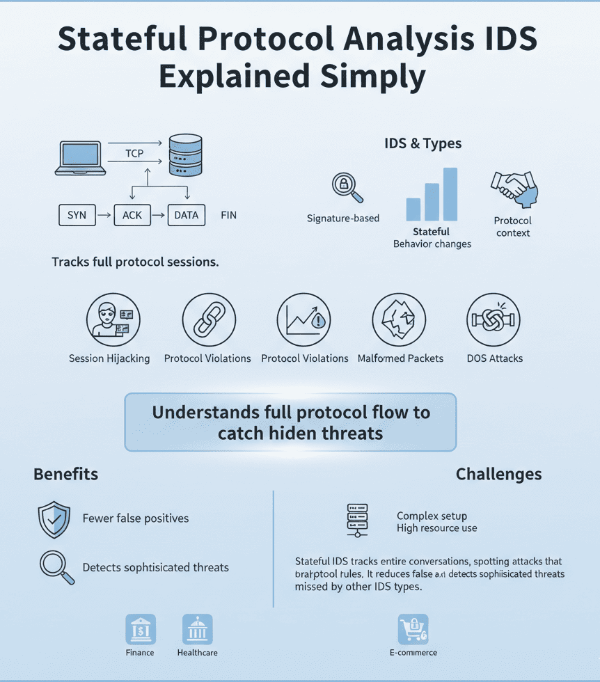 "Visual guide on Stateful Protocol Analysis IDS, showcasing types, tracking capabilities, and its application in various industries."
