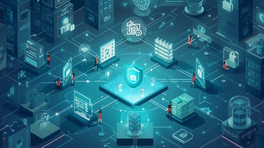 "A futuristic digital environment showcasing security elements, such as shields and data icons, with individuals interacting within a protected network."