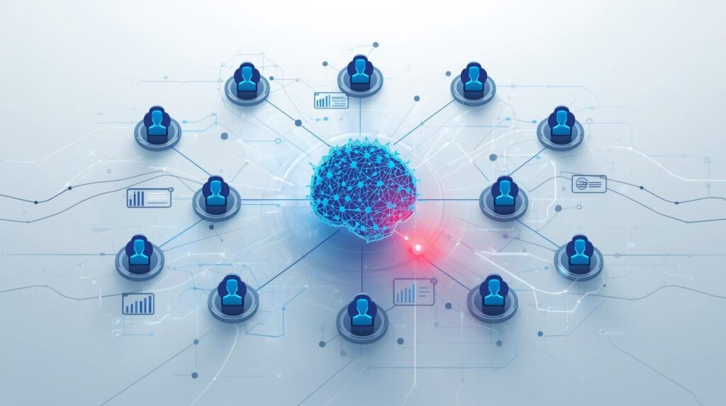 "An abstract image showing a central brain connected to multiple user icons, symbolizing network intelligence and connectivity."
