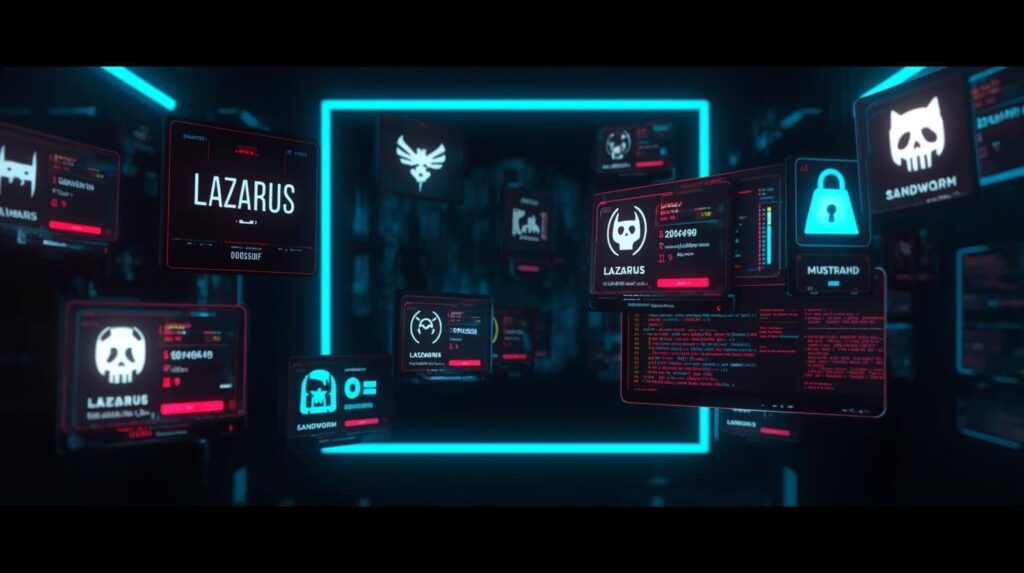 "An abstract representation of cyber threat data, showcasing various groups and their activities within a high-tech environment."