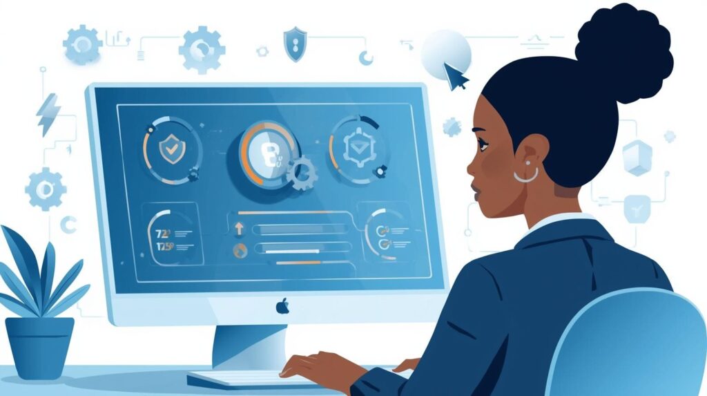 A businesswoman examines a computer screen displaying security metrics, reflecting on best practices for IDS alert tuning and incident response.