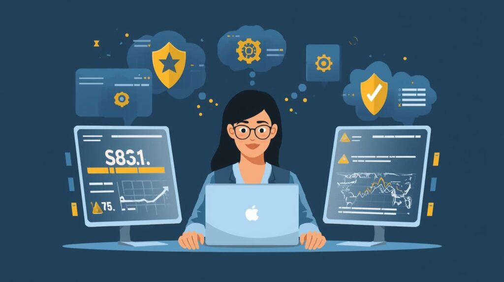 "A digital workspace featuring a woman analyzing data on her laptop with two monitors displaying analytical graphs."