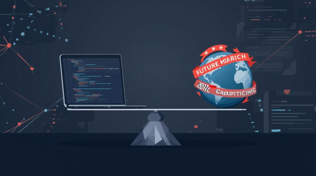 "Digital artwork showing a male figure, a female figure, and a cloaked character on a computer screen backdrop."