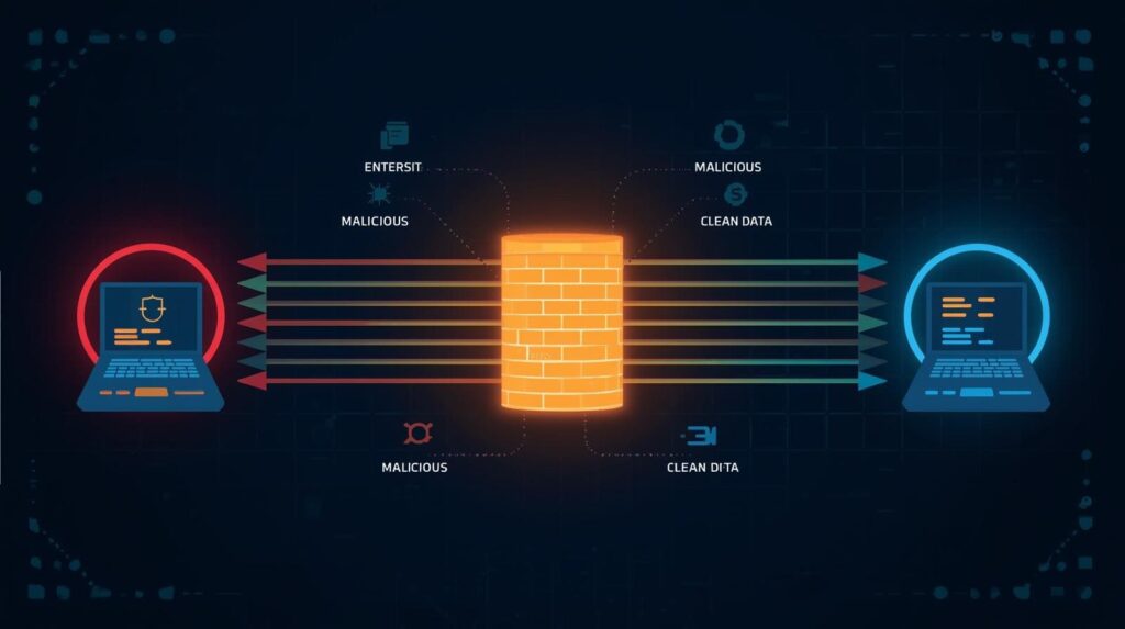 Graphic showing data flow between two computers, illustrating the separation of malicious and clean data.
