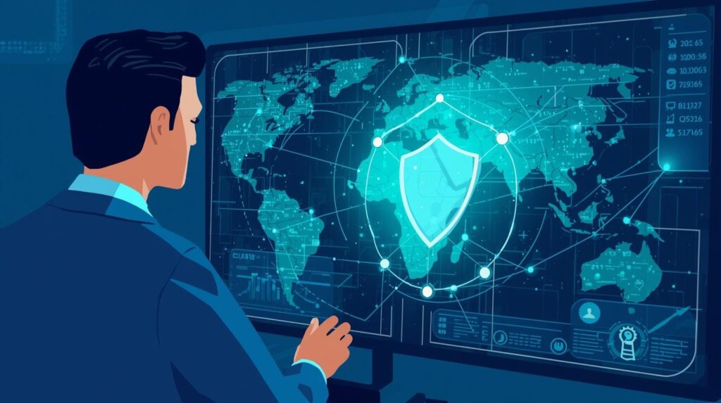 "Illustration of a cybersecurity expert monitoring a world map with protective elements, showcasing global data security efforts."