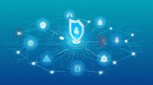 "A digital shield icon surrounded by various cybersecurity threats, represented as icons and notifications."
