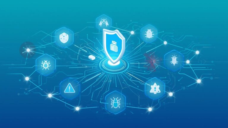 "A digital shield icon surrounded by various cybersecurity threats, represented as icons and notifications."