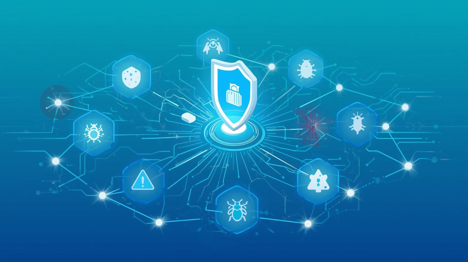 "A digital shield icon surrounded by various cybersecurity threats, represented as icons and notifications."