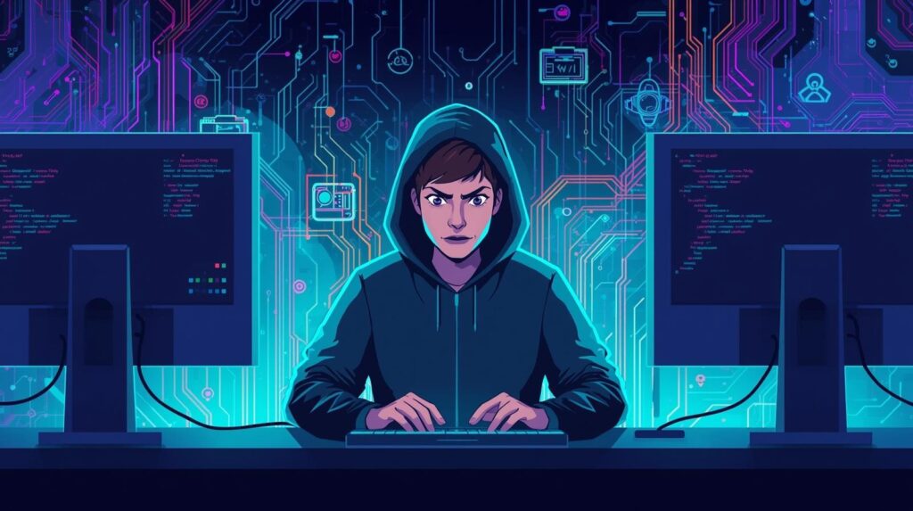 "Illustration of a hacker or programmer at work, surrounded by vibrant graphics of technology and code."