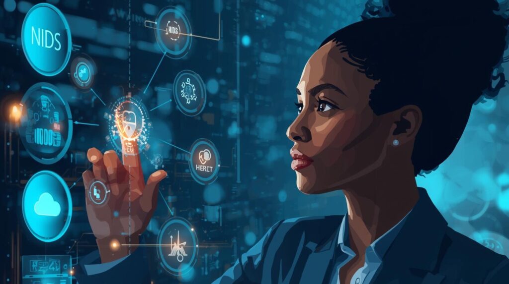 Visual representation of an expert working with network intrusion detection systems, showcasing a focus on security.
