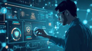 An illustration of a man analyzing security data on a high-tech display, focusing on best practices for IDS alert tuning.