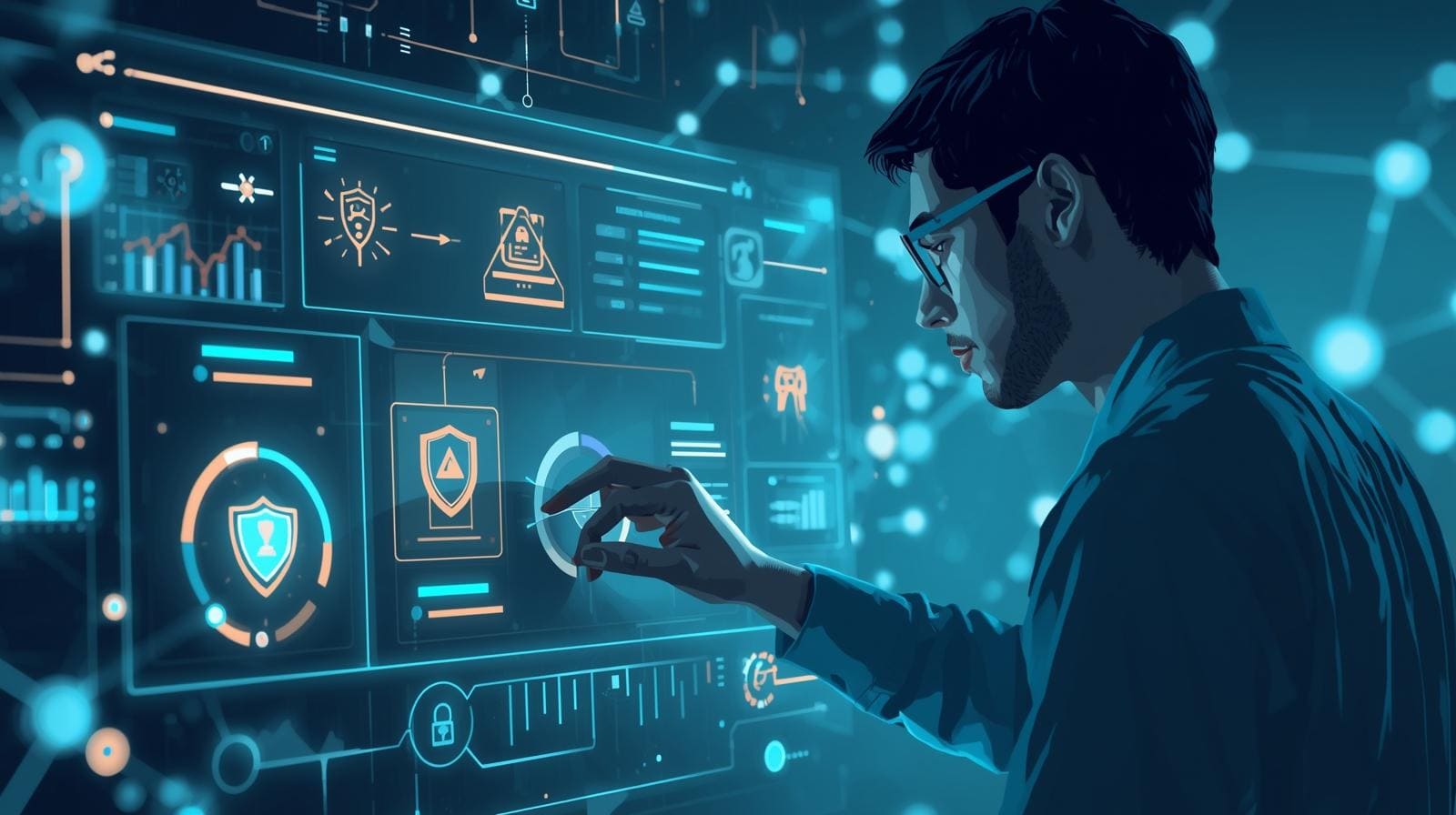 An illustration of a man analyzing security data on a high-tech display, focusing on best practices for IDS alert tuning.