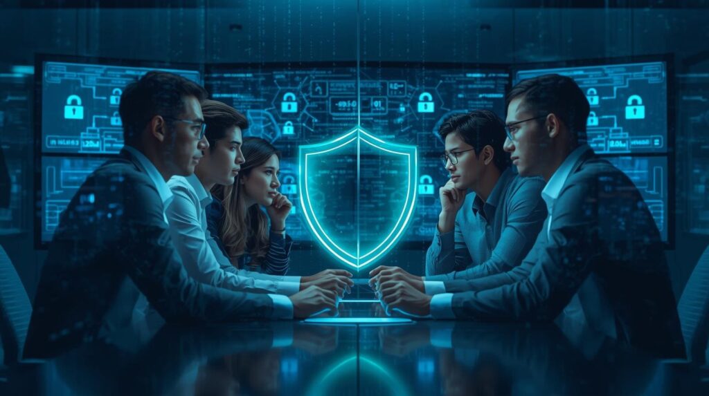 "Cybersecurity professionals debating strategies, with digital security icons displayed on screens behind them."