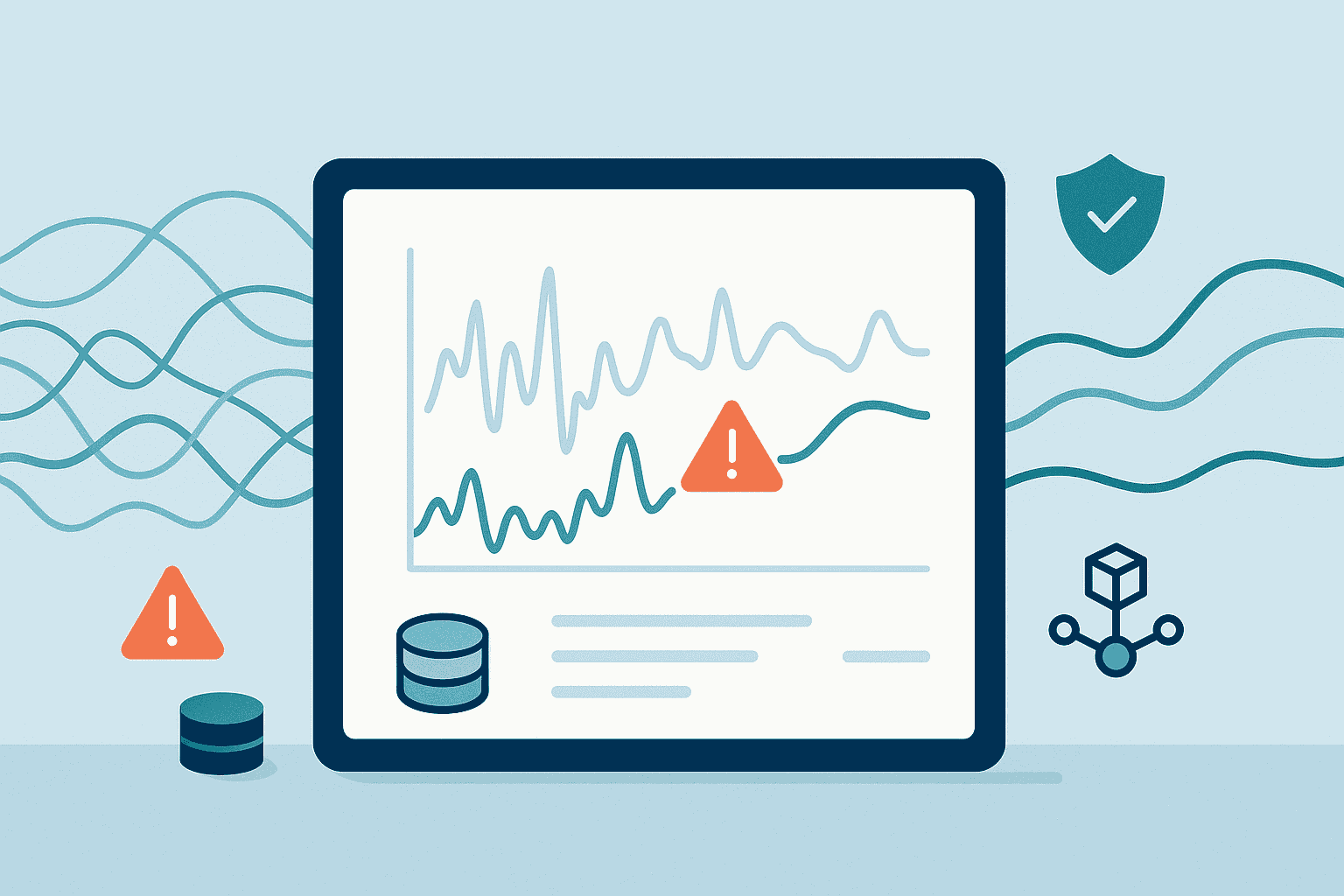Challenges with anomaly detection tuning: monitor displaying fluctuating data patterns with alert symbols and security icons