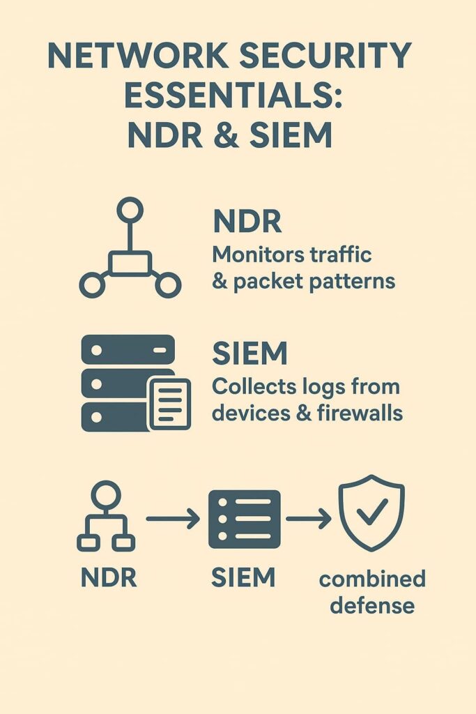 Infographic explaining the distinct yet complementary roles of NDR and SIEM in network security essentials.