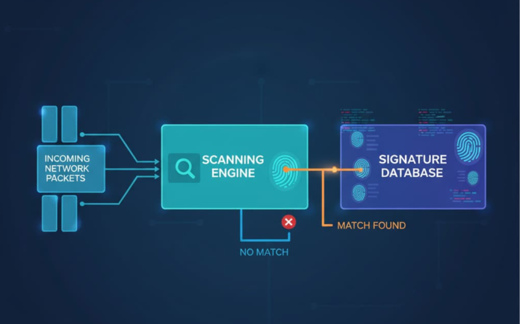 Cybersecurity diagram depicting the process of scanning network packets against a signature database for threat identification.