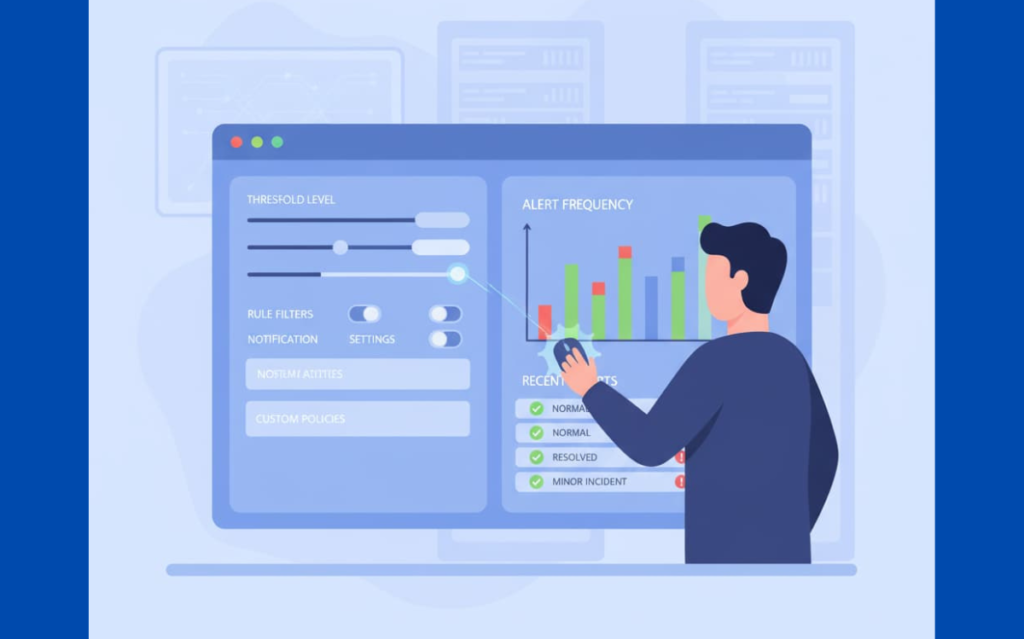 Visual representation of a cybersecurity monitoring interface, allowing the adjustment of detection rules and incident response settings.