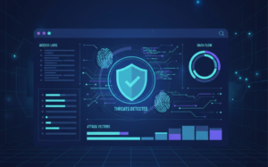 Comprehensive cybersecurity visualization with fingerprint scanning, threat detection, and data analytics.