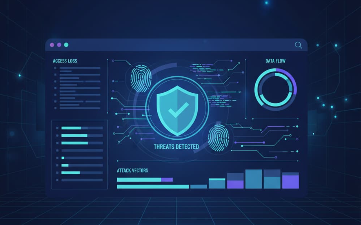Comprehensive cybersecurity visualization with fingerprint scanning, threat detection, and data analytics.