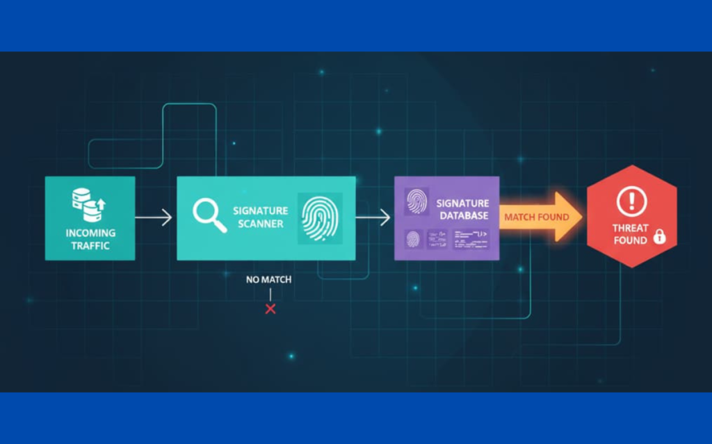 Diagram illustrating the steps involved in a signature-based security system, from packet inspection to threat identification based on stored signatures.