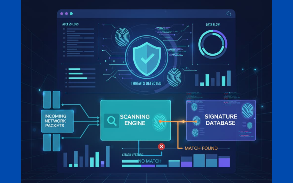 Cybersecurity dashboard illustrates the process of scanning network packets and matching signatures to detect threats.