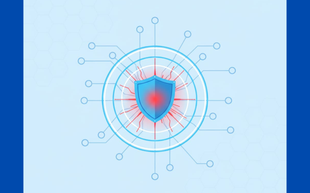 A digital shield protecting a network from cyber threats, represented by a central shield icon surrounded by interconnected circles.