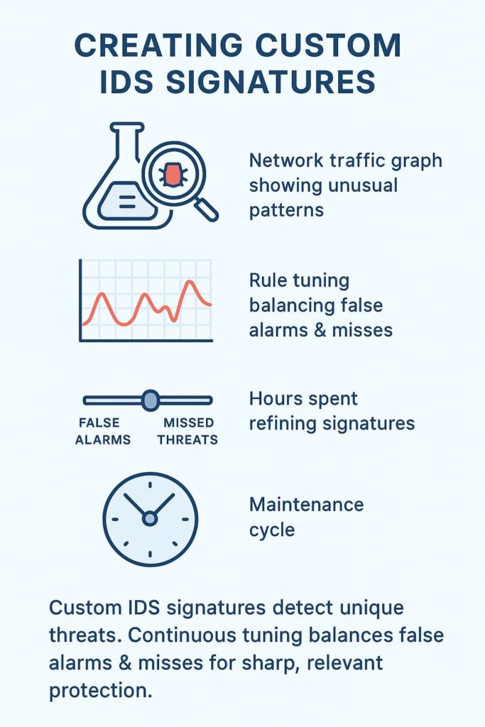 Infographic highlighting key aspects of creating custom IDS signatures, including traffic analysis, rule tuning, and maintenance.