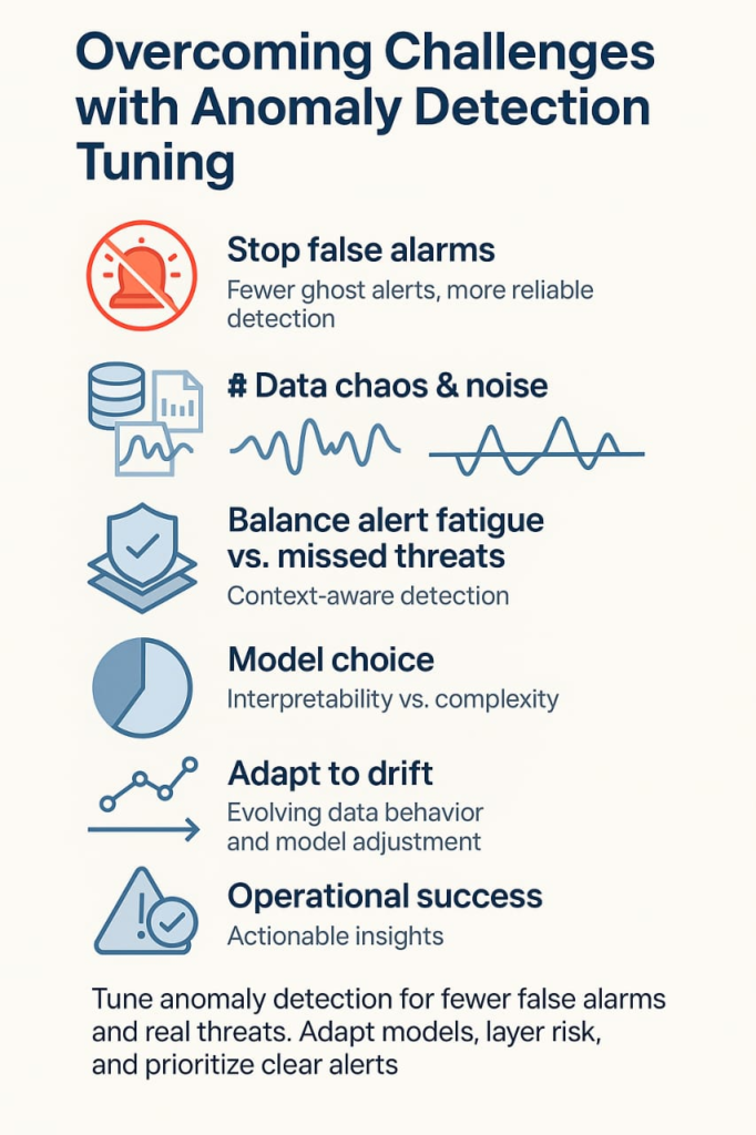 Challenges with anomaly detection tuning: false alarms, data noise, alert fatigue, model choice, drift, and operational tips