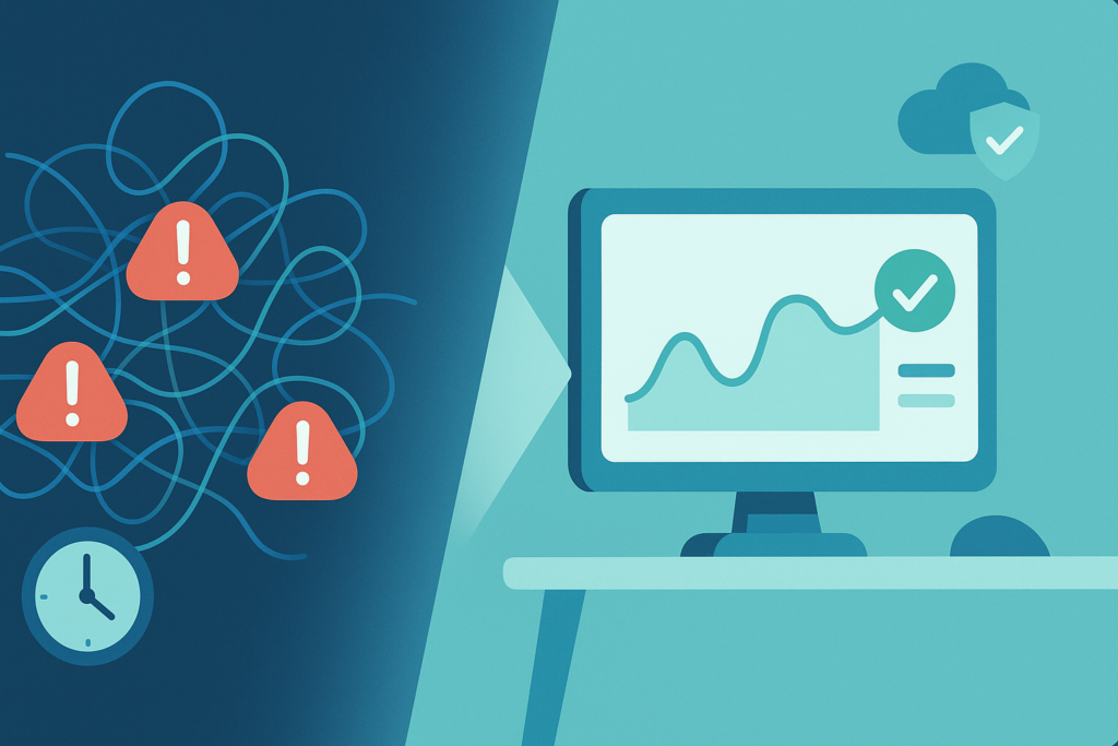 Challenges with anomaly detection tuning: tangled alerts and time on left, clean monitored data patterns on right