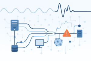 A network diagram with servers, computer, and warning symbol illustrating detecting unknown network threats and anomalies.
