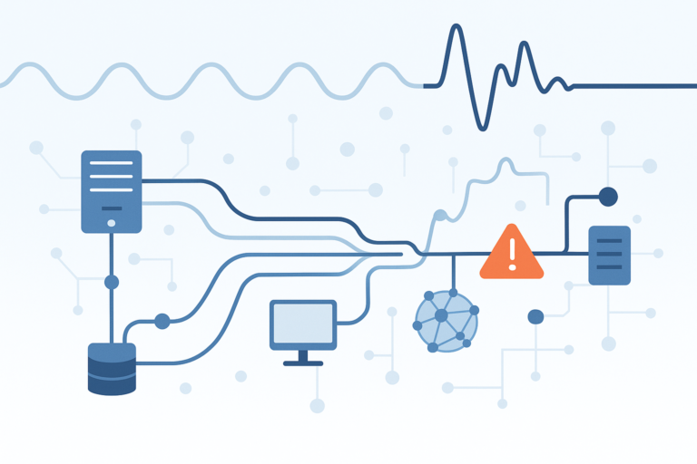 A network diagram with servers, computer, and warning symbol illustrating detecting unknown network threats and anomalies.