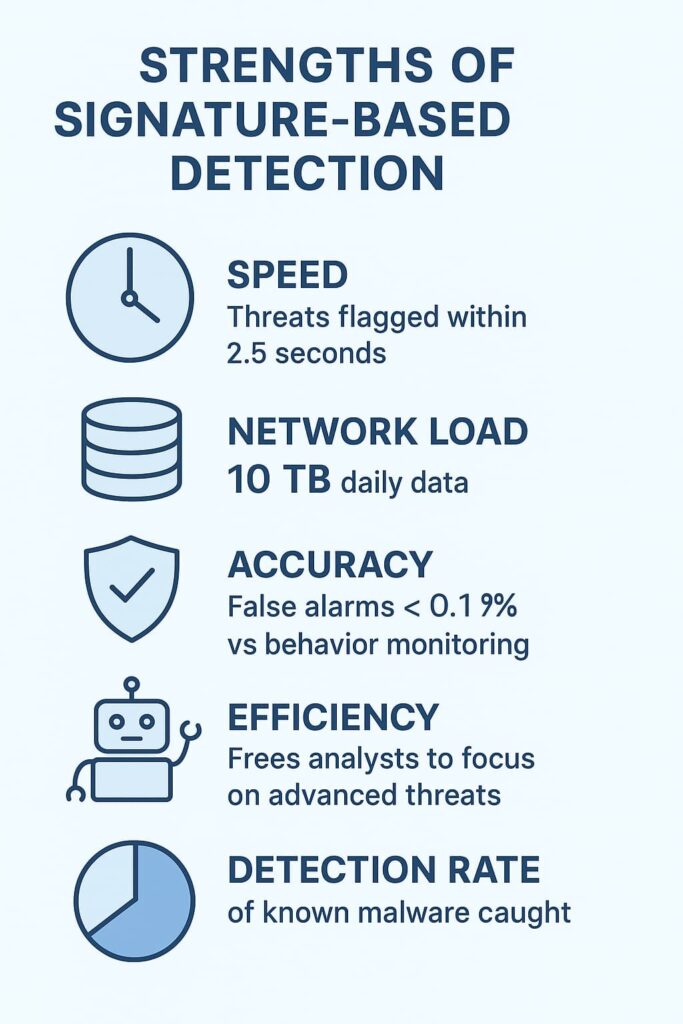 Infographic highlighting the key strengths of a signature-based security approach, including speed, efficiency, and accuracy.